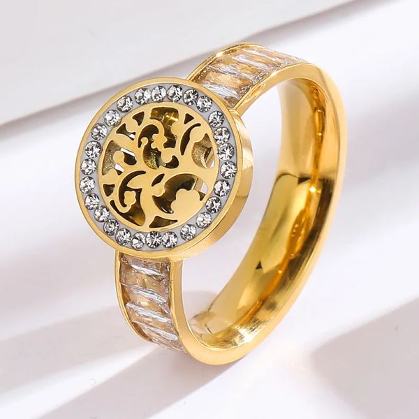 Anillo de oro amarillo de 14k con circonita de arcilla ahuecado con árbol de vida de cristal cuadrado clásico para hombres y mujeres