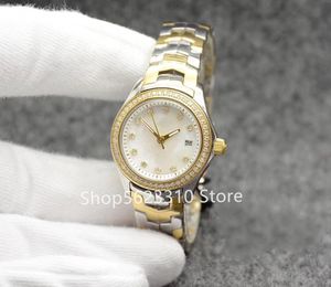 Klassieke roestvrijstalen saffier quartz horloge vrouwen volledige diamanten bezel zilver goud geel kalender horloge dame armband 27mm