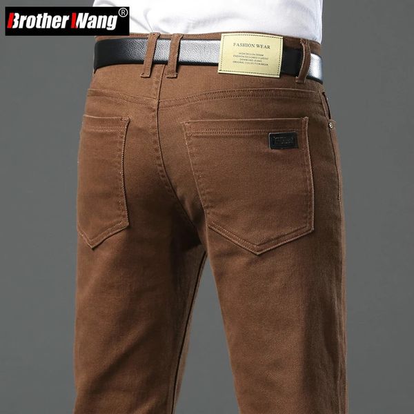 Style classique 3 couleurs Automne Mens Slim Brown Jeans Business Business Business Casual Stretch Denim Pantal