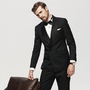 Klassieke stijl dubbele breasted zwart bruidegom smoking sjaal revers heren pakken bruiloft / prom / diner beste man blazer (jas + broek + tie) W296