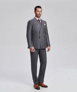 Classic Style Double Breasted Grey Strips Bruidegom Tuxedos Peak Revers Mannen Past Bruiloft / Prom / Diner Beste Man Blazer (Jack + Pants + Tie) W263