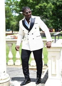 Klassieke stijl dubbele breasted ivoor bruidegom smoking piek revers heren pakken bruiloft / prom / diner beste man blazer (jas + broek + tie) W256