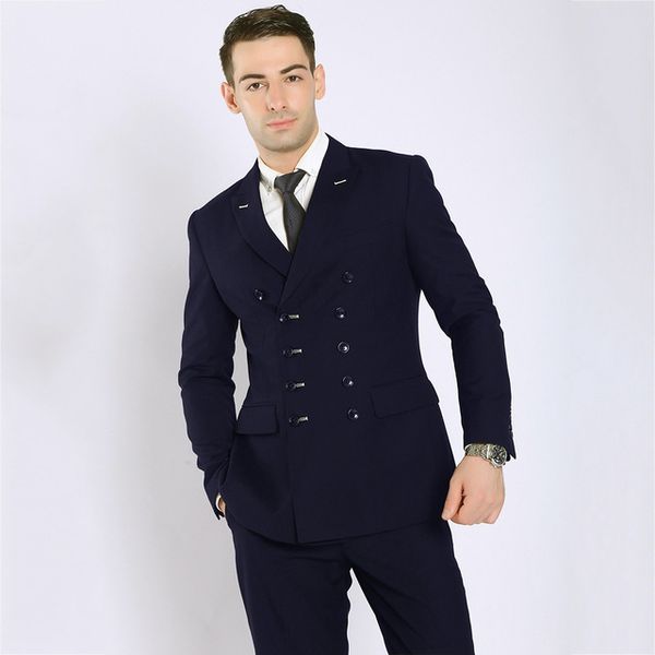 Estilo clásico de doble botonadura azul marino novio esmoquin pico solapa hombres trajes boda/graduación/cena mejor hombre Blazer (chaqueta + Pantalones + corbata) W271