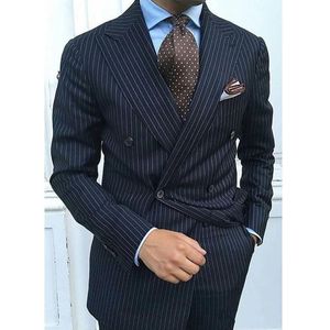 Klassieke stijl Double Breasted Navy Blue Strips Bruidegom Tuxedos Peak Revers Mannen Pakken Bruiloft / Prom / Diner Beste Man Blazer (jas + Broek + Tie) W302