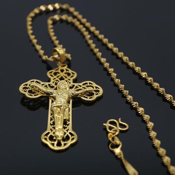 Style classique filigrane jésus pendentif chaîne18K or jaune rempli femmes hommes croix pendentif collier Crucifix tour de cou296J