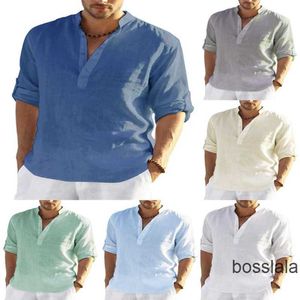 Estilo clásico Ropa para hombre Diseñador Polo Camiseta Top Lino Camisa con cuello en V Camiseta suelta Color sólido Manga larga Algodón Lino Blusa Tallas grandes 3xl 4xl 5xl