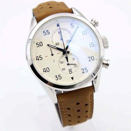 Klassieke stijl NIEUWE AANKOMST Calibre SpaceX Chrono Flyback Stopwatch Witte wijzerplaat Bruine lederen riem Herenhorloges Sport Gent Watch VK C263k