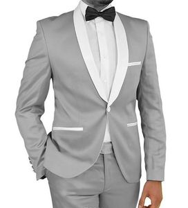Klassieke stijl één knop grijze bruidegom smoking sjaal revers heren pakken bruiloft / prom / diner beste man blazer (jas + broek + tie) W262