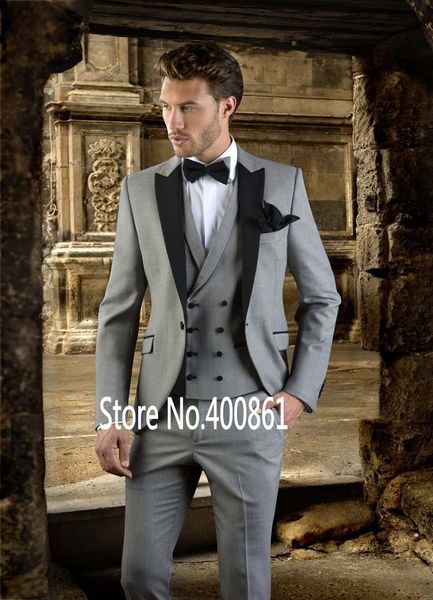 Style Classique Un Bouton Gris Clair Marié Tuxedos Peak Revers Garçons D'honneur Meilleur Homme Blazer Costumes De Mariage Pour Hommes (Veste + Pantalon + Gilet + Cravate) H: 652