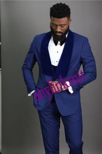 Klassieke Stijl One Button Navy Blue Bruidegom Tuxedos Sjaal Revers Bruiloft / Prom / Diner GroomsMen Mannen Past Blazer (Jack + Pants + Vest + Tie) W1451