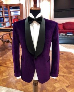 Style Classique Un Bouton Violet Velours Groom Tuxedos Châle Revers Garçons D'honneur Costumes Pour Hommes Mariage / Bal / Dîner Blazer (Veste + Pantalon + Cravate) K421