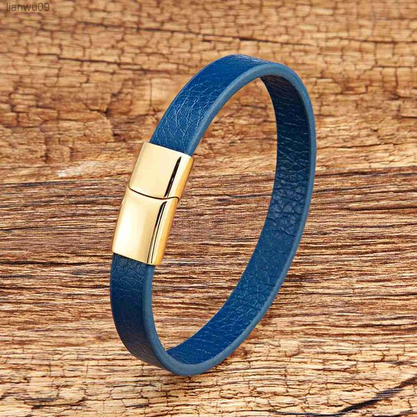 Pulsera de pareja de cuero Simple de estilo clásico, brazalete de cadena de cuerda azul y negro para mujer, hombre, joyería de acero inoxidable para amantes L230704