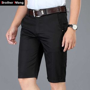 Klassieke stijl zomer heren slanke casual shorts zakelijke mode effen kleur elastische kracht katoen kaki korte broek merk 210714