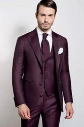 Klassieke stijl Twee knoppen Bourgondië Bruiloft Bruidegom Tuxedos Piek Revers Groomsmen Mannen Suits Prom Blazer (Jas + Broek + Vest + Tie) No: 1936