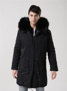 Estilo clásico marca Meifeng Invierno Hombres abrigos de nieve Forro de piel de conejo negro Parkas largas negras Chaquetas de hombre de estilo largo de piel lujosa