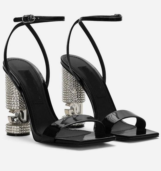 Classique élégant Brial mariage poli sandales en cuir de veau chaussures avec strass talons hauts dame pompes cuir verni noir parfait gladiateur Sandalias EU35-43