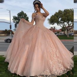 Classique Sweety Rose Clair Robes De Quinceanera Col En V Bretelles Spaghetti Appliques Dentelle Perles Paillettes Pour 15 Filles Balle Formelle Robes De Soirée Etage Longueur Tulle Robe