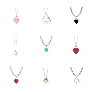 Classic T Letter S925 STERLING Silver Double Heart Card Card Card Carte Pendre Drop Rubber Diamond Gold plaqué LOVE BLUE Collier 18Styles