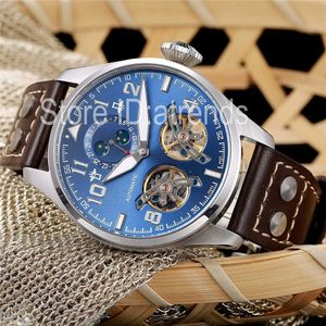 Klassiek topmode automatisch mechanisch zelfopwindend horloge heren goud zilver wijzerplaat 46 mm dubbele tourbillon maanfase polshorloge casual lederen band klok 5762