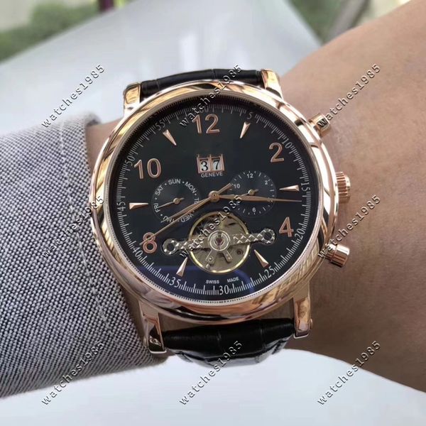 Tourbillon classique pour les hommes Comparaison Perpetual Calendar Moon Phase Automatic Watch Black Cador avec Moon Phase Flywheel de 42 mm