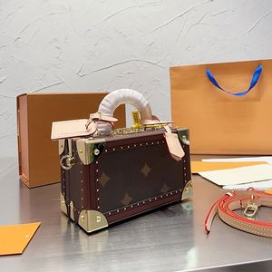 Classic Trunk Bag Valisette Tresor Jewelry Hard Box Tote Bag Bolsos Old Flower Bolso de hombro de cuero genuino Designer Women Storage Crossbody Bag Totes 20CM