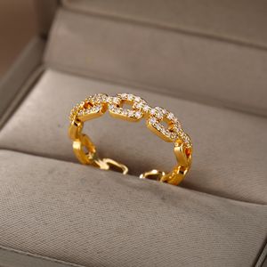 Anillos abiertos de cadena torcida clásica para mujer, anillo de pareja envuelto geométrico de acero inoxidable de circón, joyería estética de boda