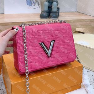 Bolsos clásicos torcidos para mujer, cadenas de lujo, bandolera, hebilla giratoria, monedero en V, bolso de hombro con giros, bolso cruzado rosa con caja