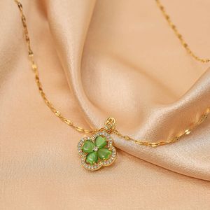 Collier classique Van trèfle mode luxe vert oeil de chat pierre trèfle à quatre feuilles plein diamant titane acier collier femme polyvalent net chaîne rouge collier