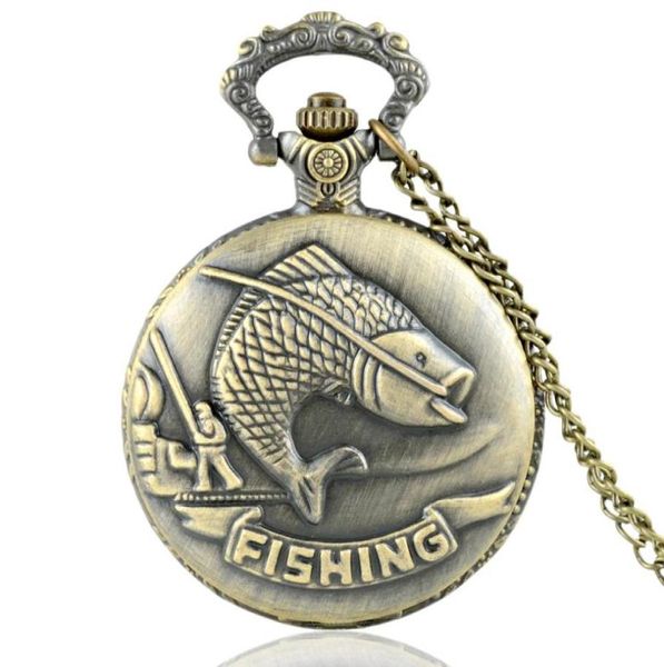 Classic Vine Bronze Fishing Quartz Pocket Watch Retro Men Cabecillo para mujeres Regalos de joyería Fashion Pocket4639176