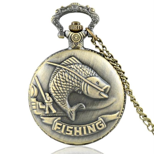 Reloj de bolsillo clásico de bronce para pesca, cuarzo, Retro, collar para hombre y mujer, colgante, joyería, regalos, bolsillo de moda 290S