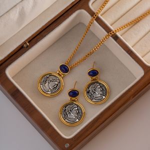 Collier classique Vintage français, pièce de monnaie ancienne incrustée de Lapis lazuli, boucles d'oreilles, bijoux de luxe Ehfg88