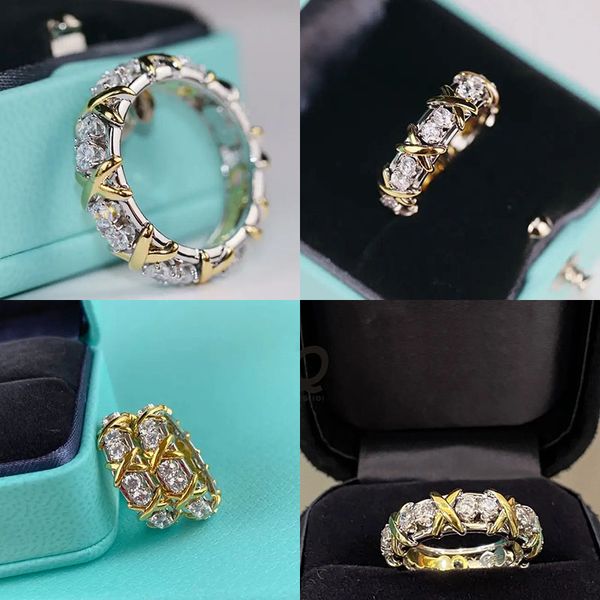 Anillo de lujo vintage clásico Banda Schlumbergers Diseñador de la marca Plata de ley 925 Garra cruzada Cristal Dedo Racimo para mujeres Joyería de moda de boda T anillos de corazón