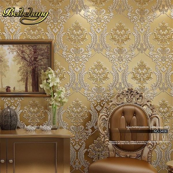 Papier peint classique en velours 3D, décoration de maison, fond damassé doré, revêtement Floral, salon, 319d
