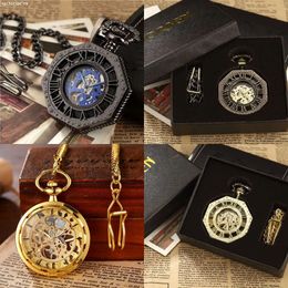 Klassieke horloges Zhexagonale mechanische FOB -keten Steampunk Roman Dial Skelet Golden Hollow Steel Mens Pocket Watch 231207