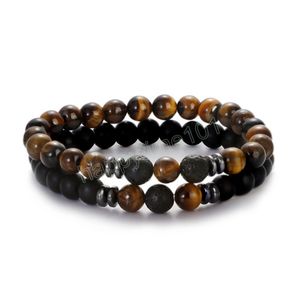 Klassieke verweerde stenen armband set trendy tijger eye stone paren armbanden accessoires voor mannen vrouwen elastische touw sieraden