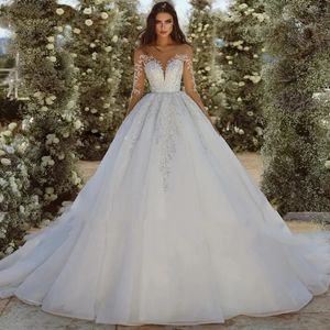 Robe De mariée classique pour femmes, col rond, manches longues illusion, perles appliquées, robe De mariée princesse brillante, 2024