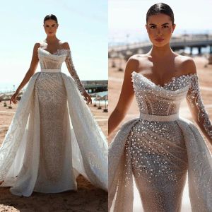 Vestido de novia clásico de una sola sirena vestidos de novia con perlas desmontables ilusiones vestidos de novia de barrido tren personalizado es es es eses