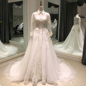 Robe de mariée classique à manches longues, col haut, en Organza, avec des appliques à lacets, pour occasions formelles, sur mesure, en Tulle, longueur au sol