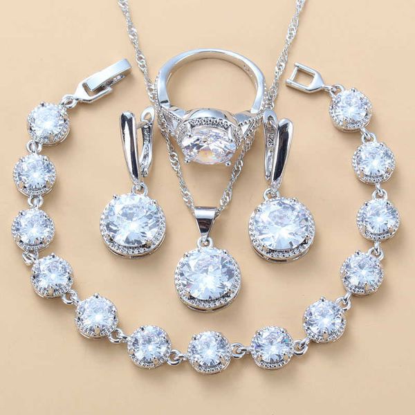 Ensembles de bijoux de mariage classiques ronds en Zircon blanc naturel femmes Costume boucles d'oreilles Bracelet et ensembles d'anneaux H1022