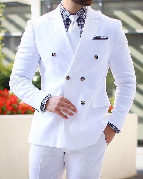 Esmoquin de boda blanco clásico, traje cruzado para hombre, dos piezas, chaqueta formal de negocios para hombre, chaqueta, abrigo de esmoquin para novio, pantalones 01229