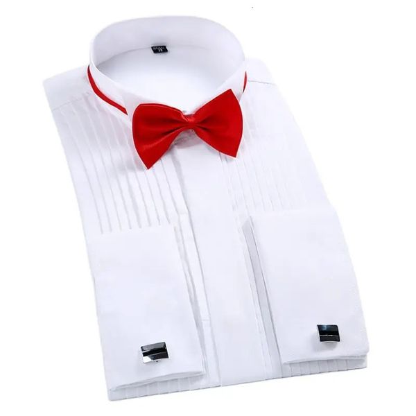 Camiseta clásica de vestir de cuello alado para hombre esmoquin camisas formales con tops de boda de fiesta roja para fiestas de corbata negra 240326
