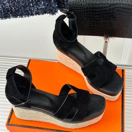 Sandales classiques à talons hauts pour femmes, sandales compensées à plateforme de 8cm, en cuir antidérapant, chaussures compensées à bande étroite, sandales en corde de chanvre, sandales à la mode avec lettres 35-41