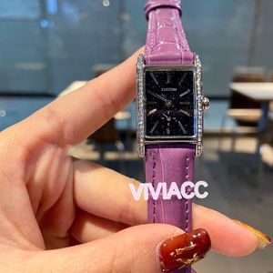 Classique femmes nouveau cristal ciel étoilé montres violet cuir horloge multifonction géométrique rectangulaire quartz chronomètre 33mm
