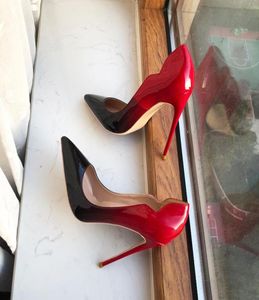Klassieke vrouwen schoenen krul Knij Gradiënt Red Black Woman Patent Pointy Toe High Heel Shoe Sexy Ladies Stiletto Pumps voor Party Weddin7670827