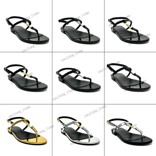 Chaussures de femmes classiques Sandales à talons plates Slingback Flip Flips avec lettrage en or Boucle Fashion Beach Casual Slide Robe Chaussures
