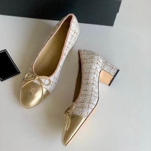 Escarpins classiques pour femmes chaussures habillées chaussures de ballet de créateur mocassins à enfiler en tulle pailleté tweed avec nœud talons épais 6,5 cm chaussure de mariage dames rétro chaussure de loisirs noire