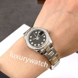 Relógios femininos clássicos vidro de safira 179384 26mm calendário moldura de diamante mostrador preto automático prata pulseira de aço inoxidável relógio de luxo Montre de luxe