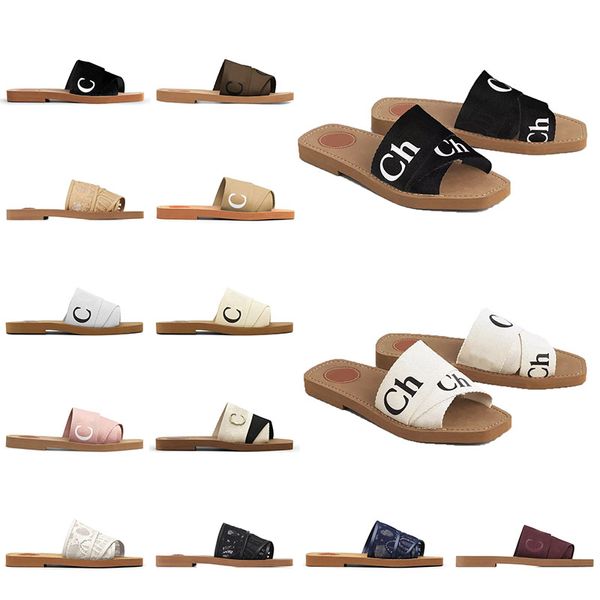 Classique Woody Mules Marque Pantoufle Semelle En Cuir Diapositives EUR 35-42 Femmes Sandales Tongs Slide Sandale Mode Deisgner Éraflures Lady Lettrage Tissu Plage En Plein Air