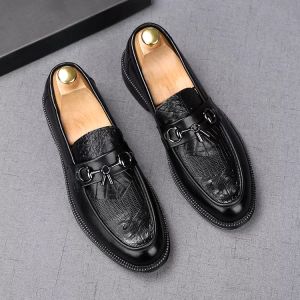 Zapatos de vestir de cuero pulido con cinta negra clásica para hombre, mocasines Oxford de estilo lujoso para fiesta de boda especial para novio