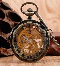 BronzeBlack classique mécanique de poche à main montre des hommes femmes pendentif antique horloge avec cadeau de chaîne de mousse de gamine de poche2792686